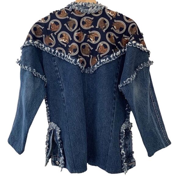 Upcycled Levi’s Boho Western Denim Jacket Coastal Cowgirl Fringe Horseshoe Print - Picture 4 of 8